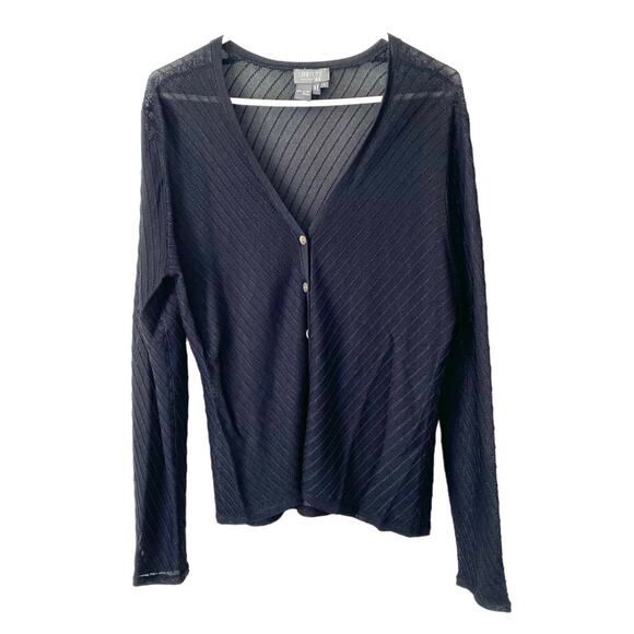 Lafayette 148 New York Black Rayon Cardigan Sweater Sheer Button Down size large - Picture 1 of 6